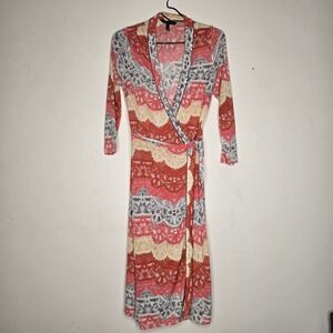 BCBGMAXAZRIA Women Orange Grey Lace Print Faux Wrap Dress Long Sleeve Size S